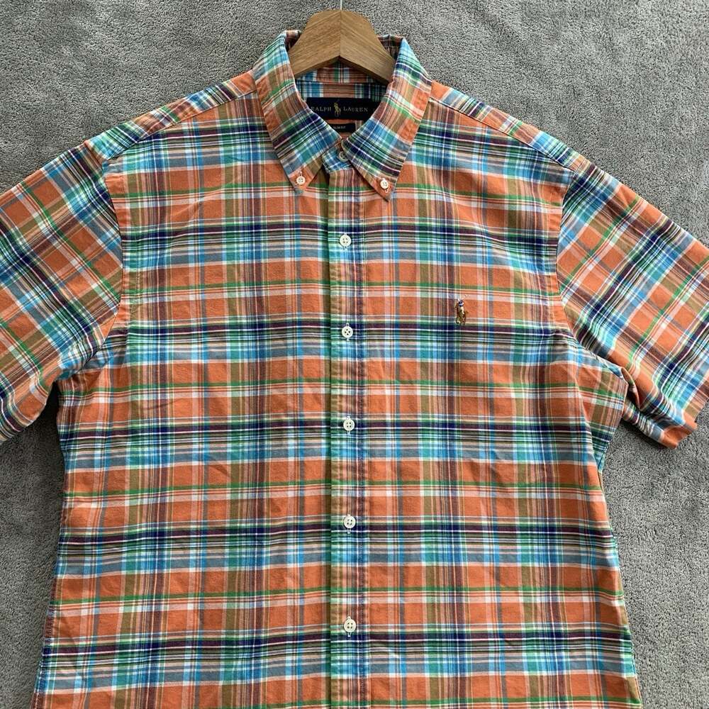 Ralph Lauren Shirt Mens Large Slim Orange Flannel Plaid Flesh Pony Casual Preppy - Picture 4 of 9